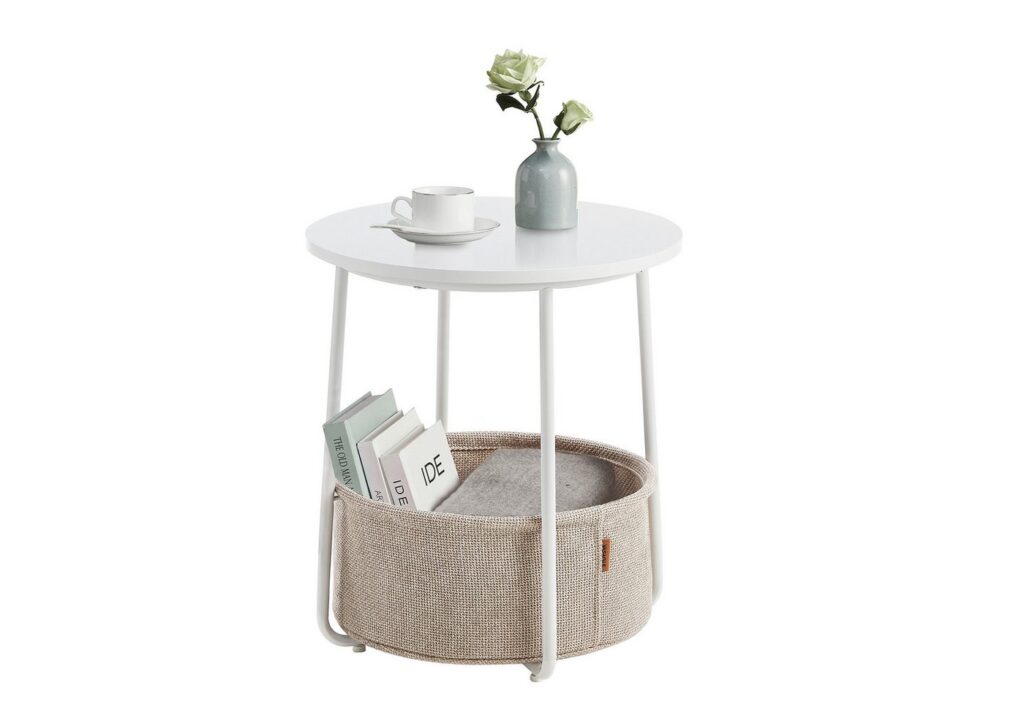 VASAGLE Beistelltisch mit Korb aus Stoff // weiß-beige