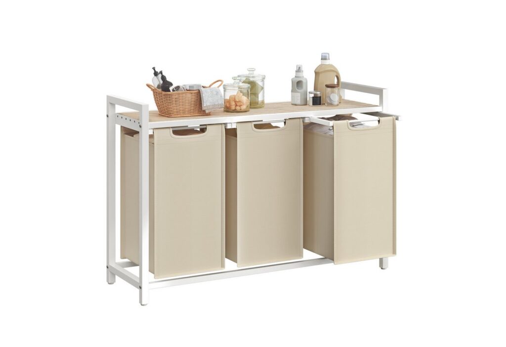 VASAGLE Wäschekorb // ausziehbar und abnehmbar // 3 x 38 L // cappuccinobeige-weiß